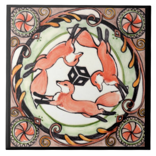 Fox Trio Mystical Circle Design Art Tile Trivet