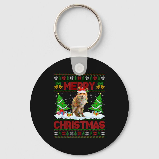 Fox Ugly Xmas Sweater Funny Fox Animal Merry Chris Keychain (Front)