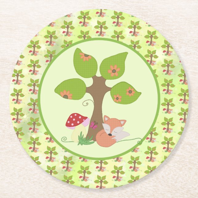 fox under tree round paper coaster (Front)