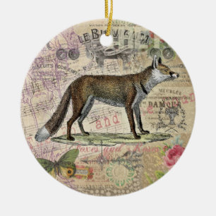 Fox Vintage Animal Collage Ceramic Ornament