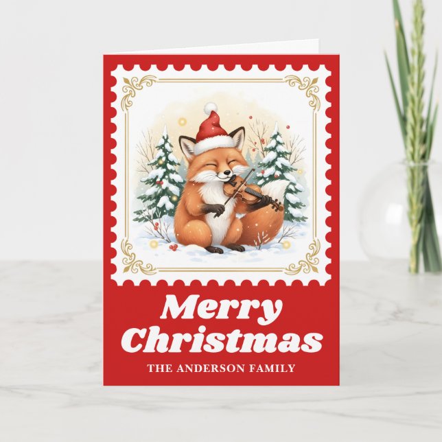 Fox Violin Retro Postage Stamp Christmas Holiday Card (Front)