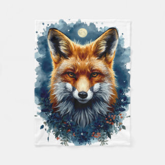 Fox Watercolor Moon Forest Animal Aesthetic Fleece Blanket