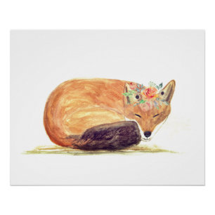 Fox watercolor Orange Brown Forest Art Animal Poster