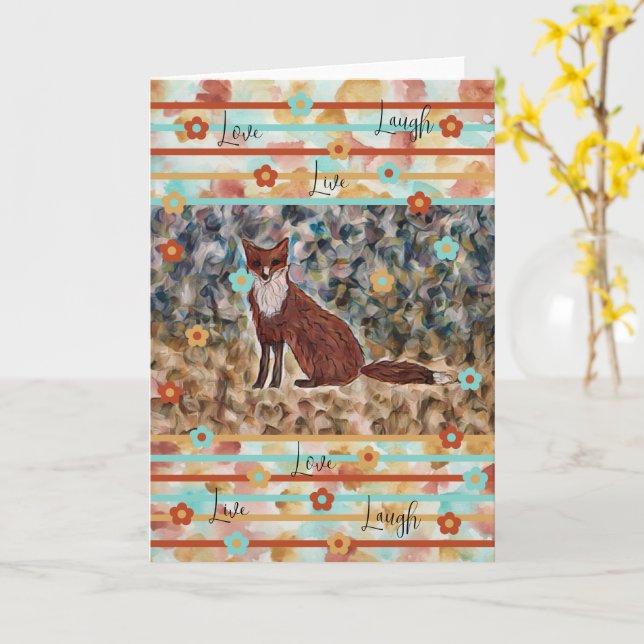 Fox WatercolorArt with Love, Live, Laugh 5x7  Card (Yellow Flower)