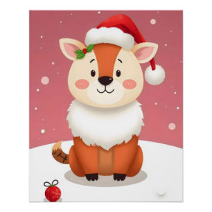 fox wearing a santa hat and sitting in the snow poster