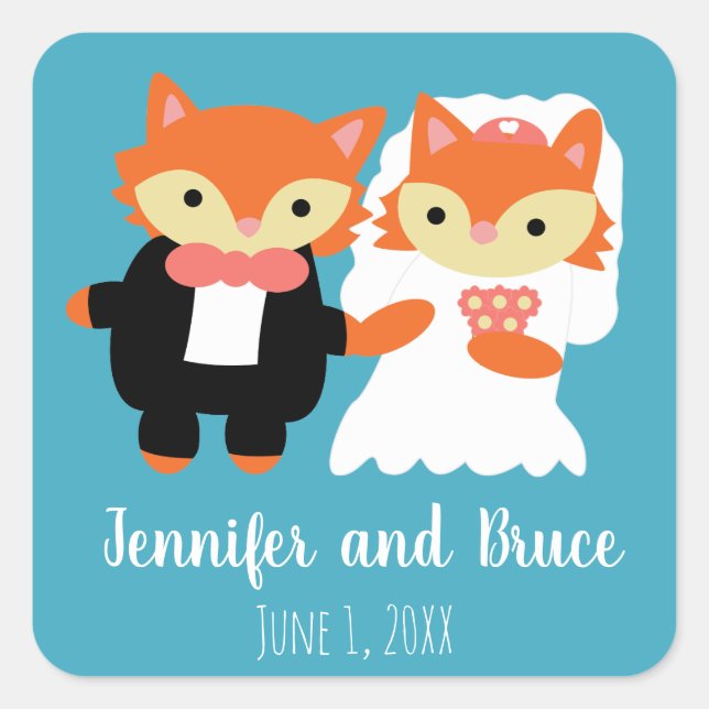 Fox Wedding Cute Blue Personalize Square Sticker (Front)