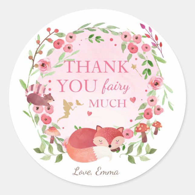 Fox Whimsical Enchanted Forest Girl Pink Fairy Classic Round Sticker (Front)