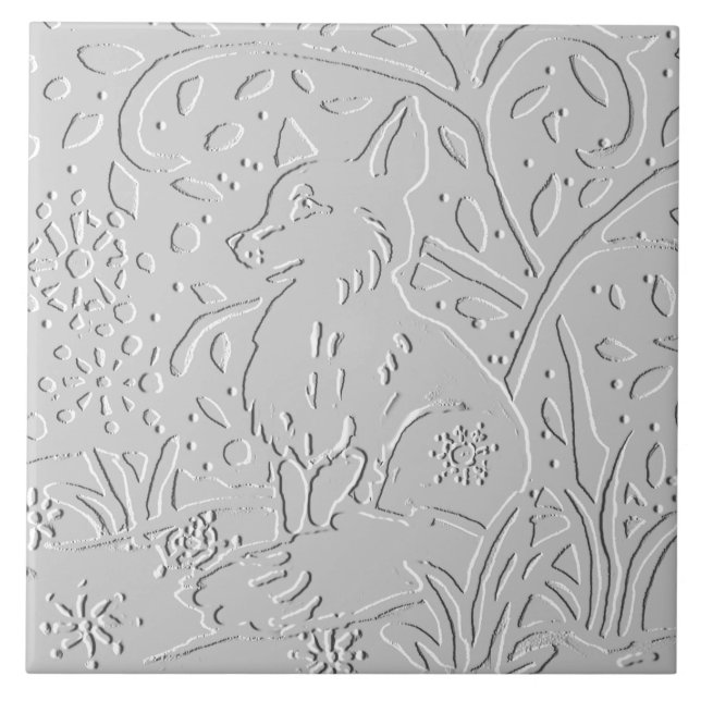 Fox White Grey Black Embossed  Woodland Snowflakes Tile (Front)