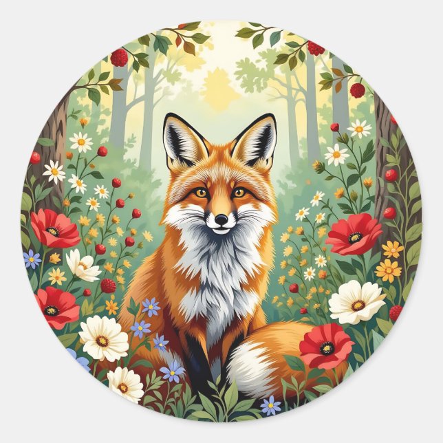 Fox Wildflower Forest Illustration Classic Round Sticker (Front)