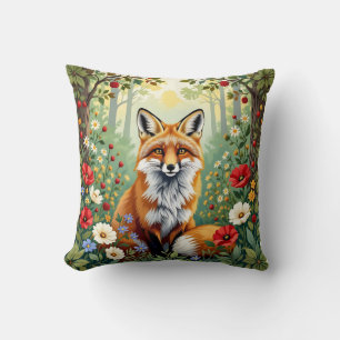 Fox Wildflower Forest Illustration Throw Pillow