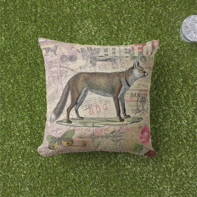 Fox Wildlife Vintage Animal Illustration  Outdoor Pillow (Grass)