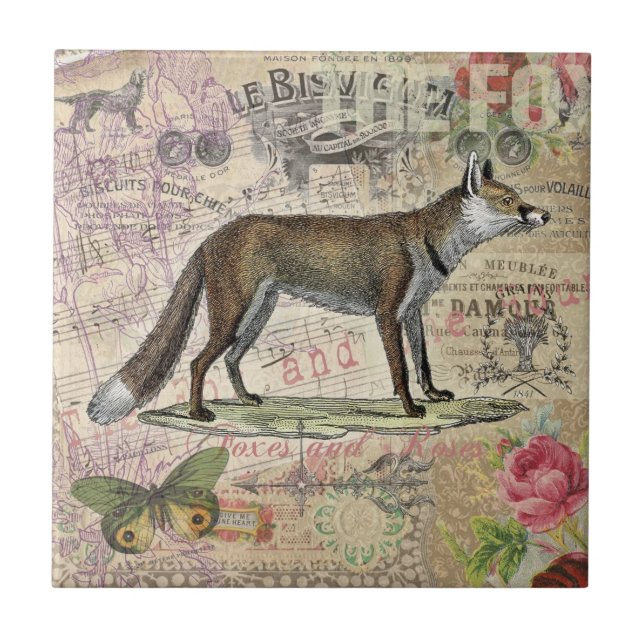 Fox Wildlife Vintage Animal Illustration  Tile (Front)