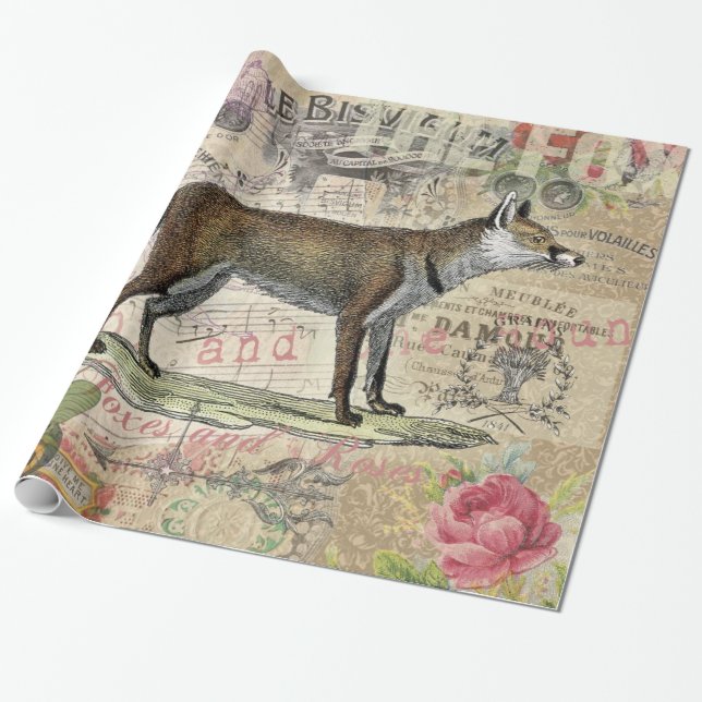 Fox Wildlife Vintage Animal Illustration  Wrapping Paper (Unrolled)