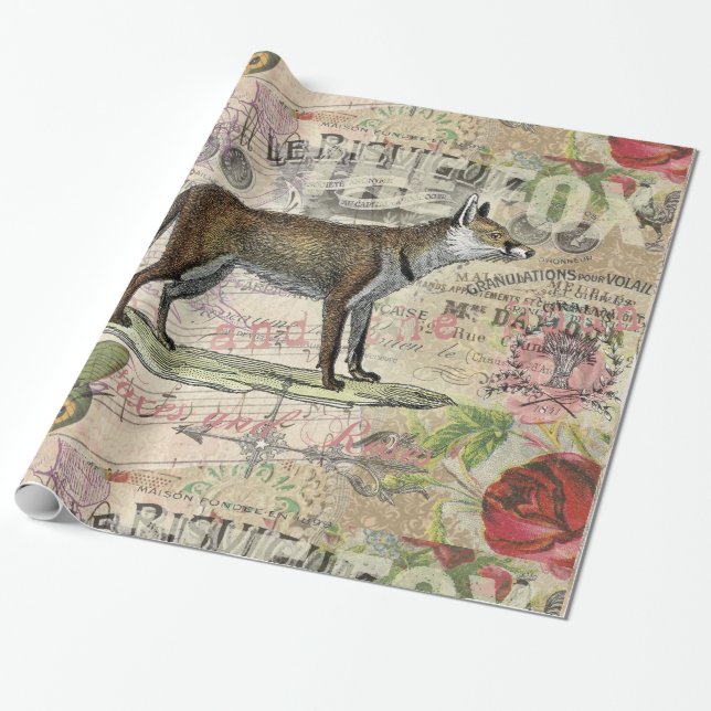 Fox Wildlife Vintage Animal Illustration  Wrapping Paper (Unrolled)