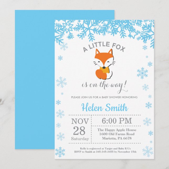 Fox Winter Blue Boy Baby Shower Snowflake Invitation (Front/Back)