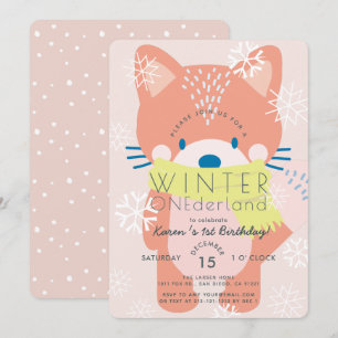 Fox Winter Onederland Pink 1st Birthday Invitation