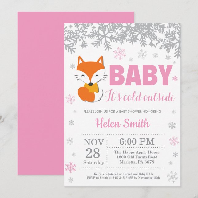 Fox Winter Pink Girl Baby Shower Snowflake Invitation (Front/Back)