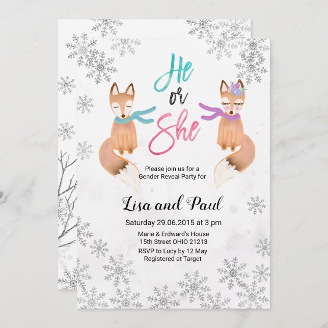 Fox Winter Silver gender reveal invitation (Front/Back)