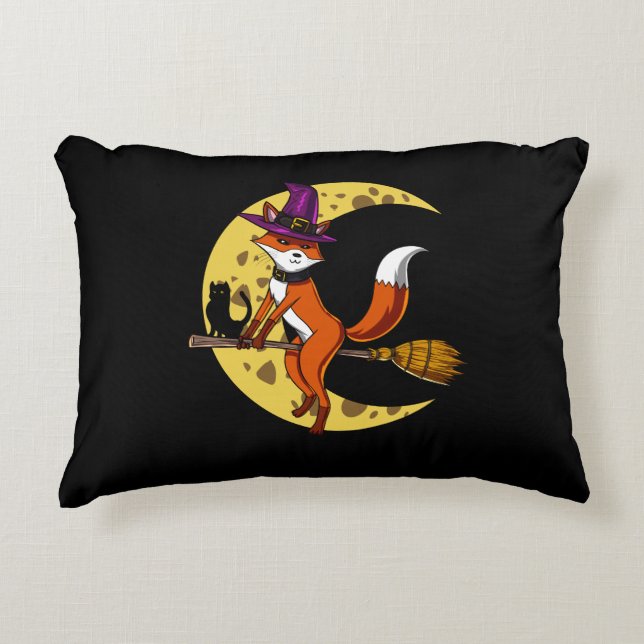 Fox Witch RIding A Broom Funny Halloween Animal Accent Pillow (Front)