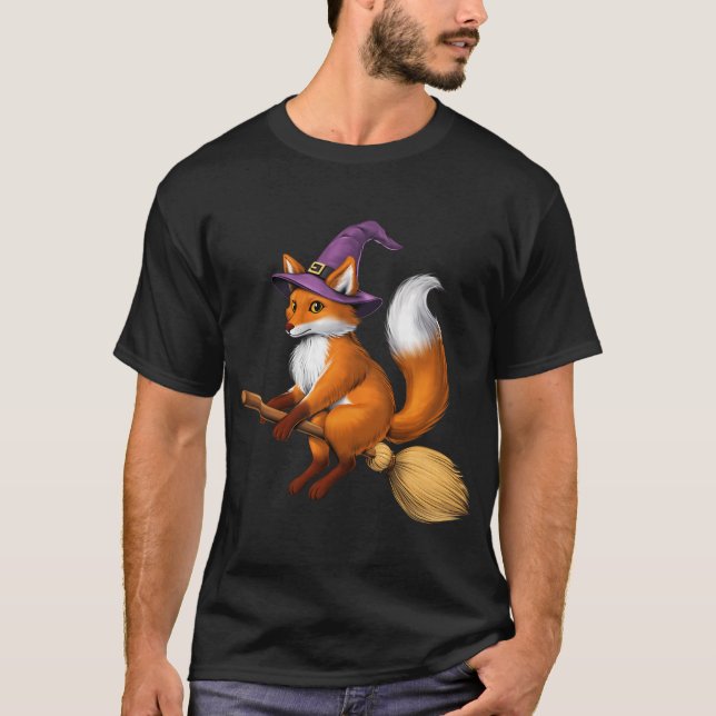 Fox Witch Riding Broom T-Shirt (Front)
