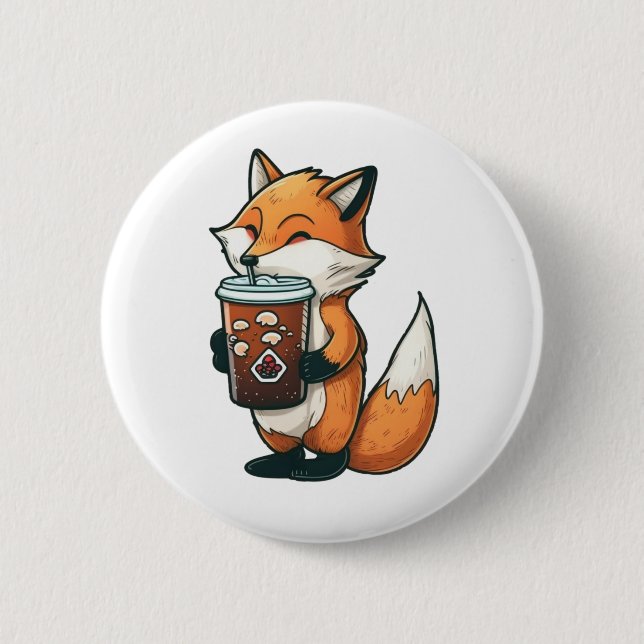 Fox with a cup 2 inch round button (Front)
