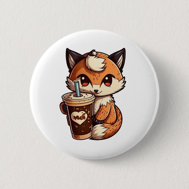 Fox with a cup 2 inch round button (Front)