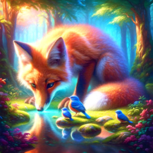 Fox With American Robins In Forest Jigsaw Puzzle