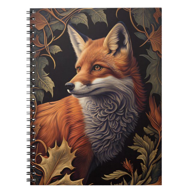 Fox with Autumn Leaves | Elegant Floral Animal Art Notebook (Front)