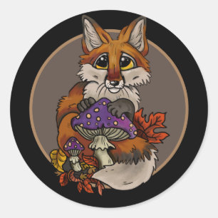 Fox with Autumn Toadstools Mug Classic Round Sticker