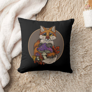 Fox with Autumn Toadstools Throw Pillow