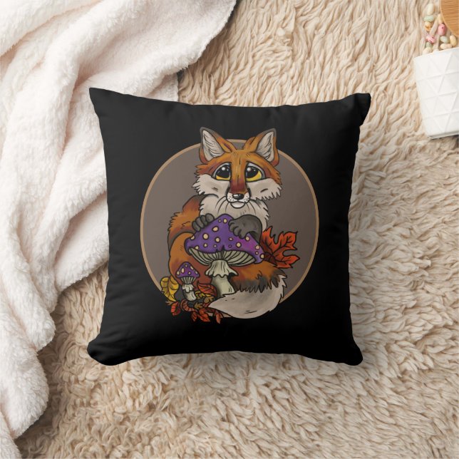 Fox with Autumn Toadstools Throw Pillow (Blanket)