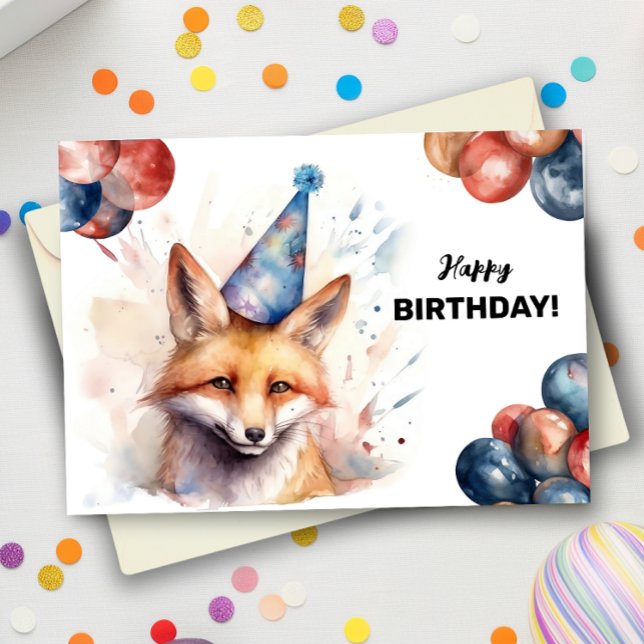 Fox with Balloons and Party Hat Happy Birthday Card (Creator Uploaded)