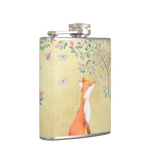 Fox with Butterflies and Pink Flowers Hip Flask