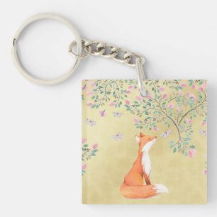 Fox with Butterflies and Pink Flowers Keychain