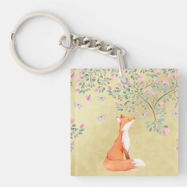 Fox with Butterflies and Pink Flowers Keychain (Front)