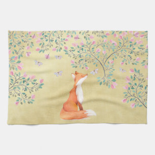 Fox with Butterflies and Pink Flowers Kitchen Towel