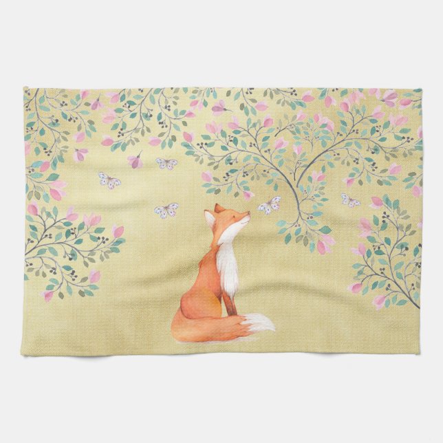 Fox with Butterflies and Pink Flowers Kitchen Towel (Horizontal)