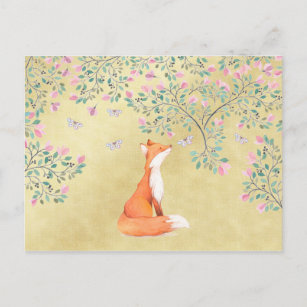 Fox with Butterflies and Pink Flowers Postcard