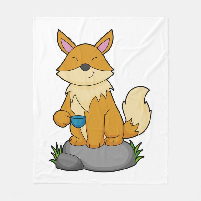 Fox with Coffee cup Fleece Blanket (Front)