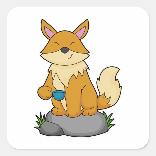Fox with Coffee cup Square Sticker (Front)