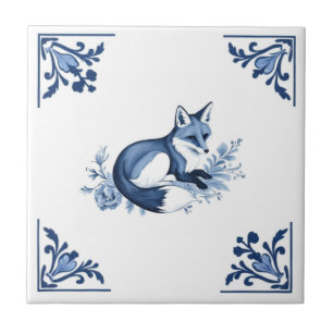 Fox with Delft Blue and White Corner Flourish Tile