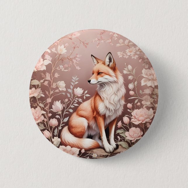Fox With Dreamy Pink Floral 2 Inch Round Button (Front)