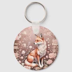 Fox With Dreamy Pink Floral Keychain