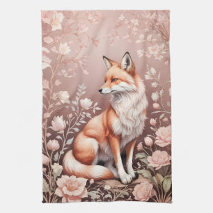 Fox With Dreamy Pink Floral Kitchen Towel