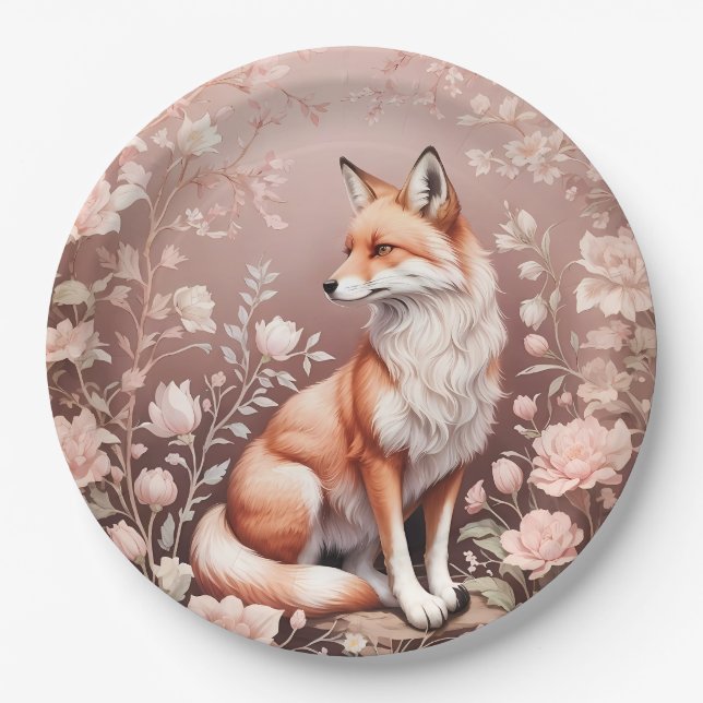 Fox With Dreamy Pink Floral Paper Plate (Front)