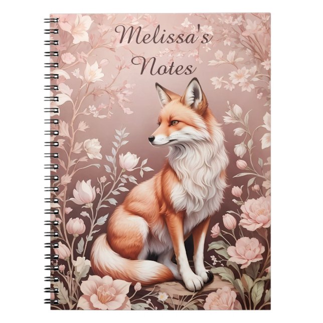 Fox With Dreamy Pink Floral - Personalized Name Notebook (Front)