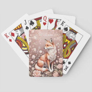 Fox With Dreamy Pink Floral - Personalized Name Playing Cards