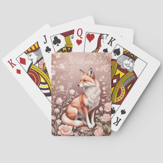 Fox With Dreamy Pink Floral - Personalized Name Playing Cards (Back)