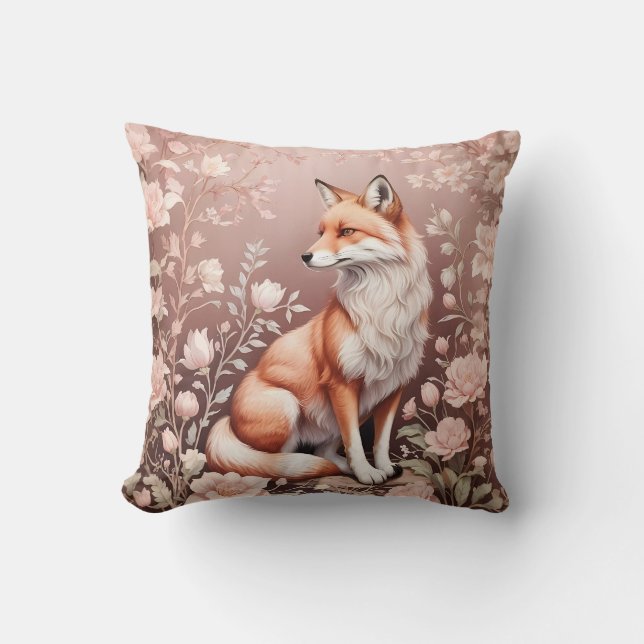 Fox With Dreamy Pink Floral Throw Pillow (Front)
