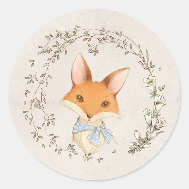 Fox with Floral Wreath Blue Envelope Seal (Front)